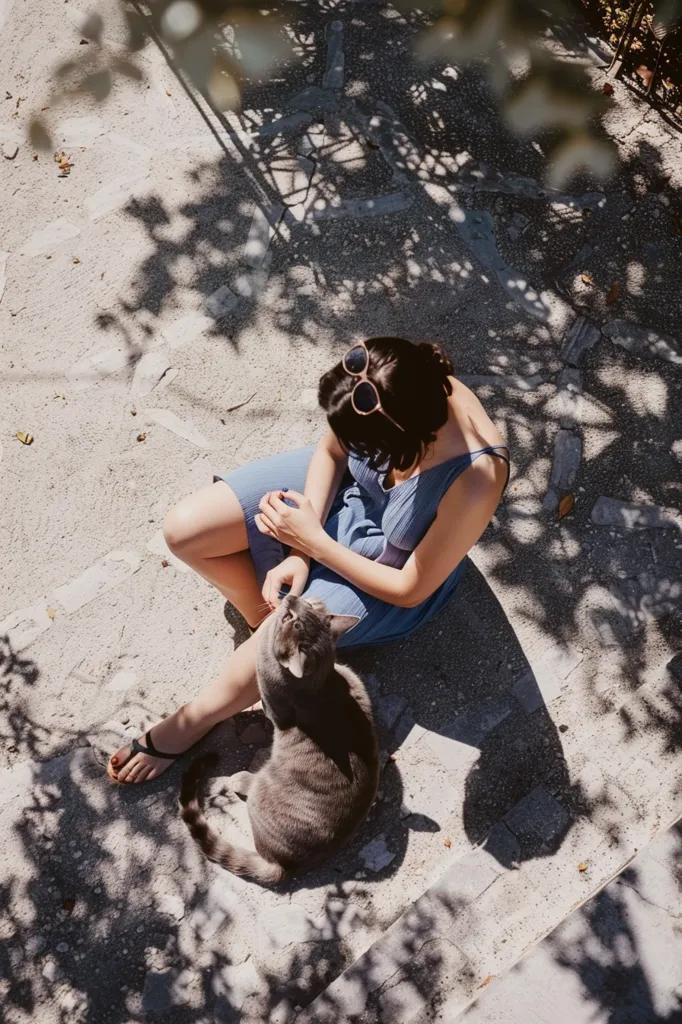 A woman in a blue dress sits on a stone path, her legs outstretched. She is wearing sunglasses and petting a gray cat sitting beside her. The sun casts dappled shadows on the path from the surrounding trees.  The scene is peaceful and relaxed.
