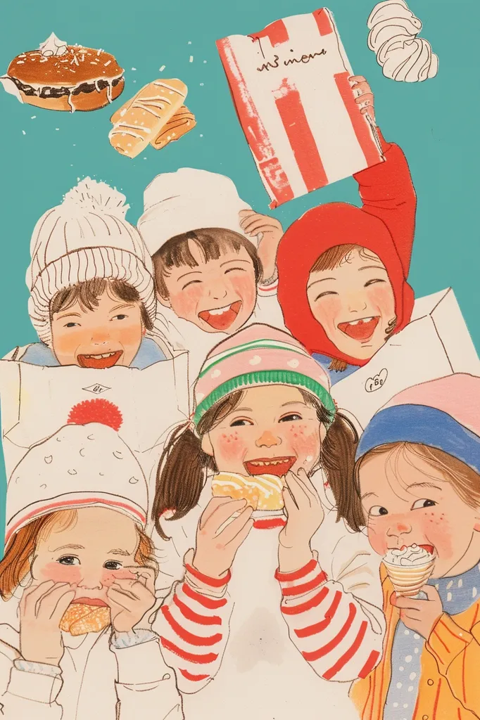 Five children, bundled in winter gear, are gathered together, laughing and enjoying snacks. A girl in a red and white striped sweater bites into a pastry, while a boy in a blue and white hat holds a cone of ice cream. A red bag with white stripes rests in the foreground, while pastries and other treats float around them. The scene is playful and lighthearted, filled with the joy of friendship and simple pleasures.