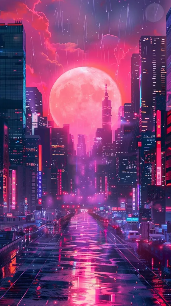 A futuristic city skyline bathed in a pink and purple glow. The image features tall, slender skyscrapers with neon lights, a large, pink moon hanging in the sky, and a wet, reflective street in the foreground. Rain falls from the sky, creating a shimmering effect on the cityscape. The overall mood is one of vibrant, otherworldly beauty.
