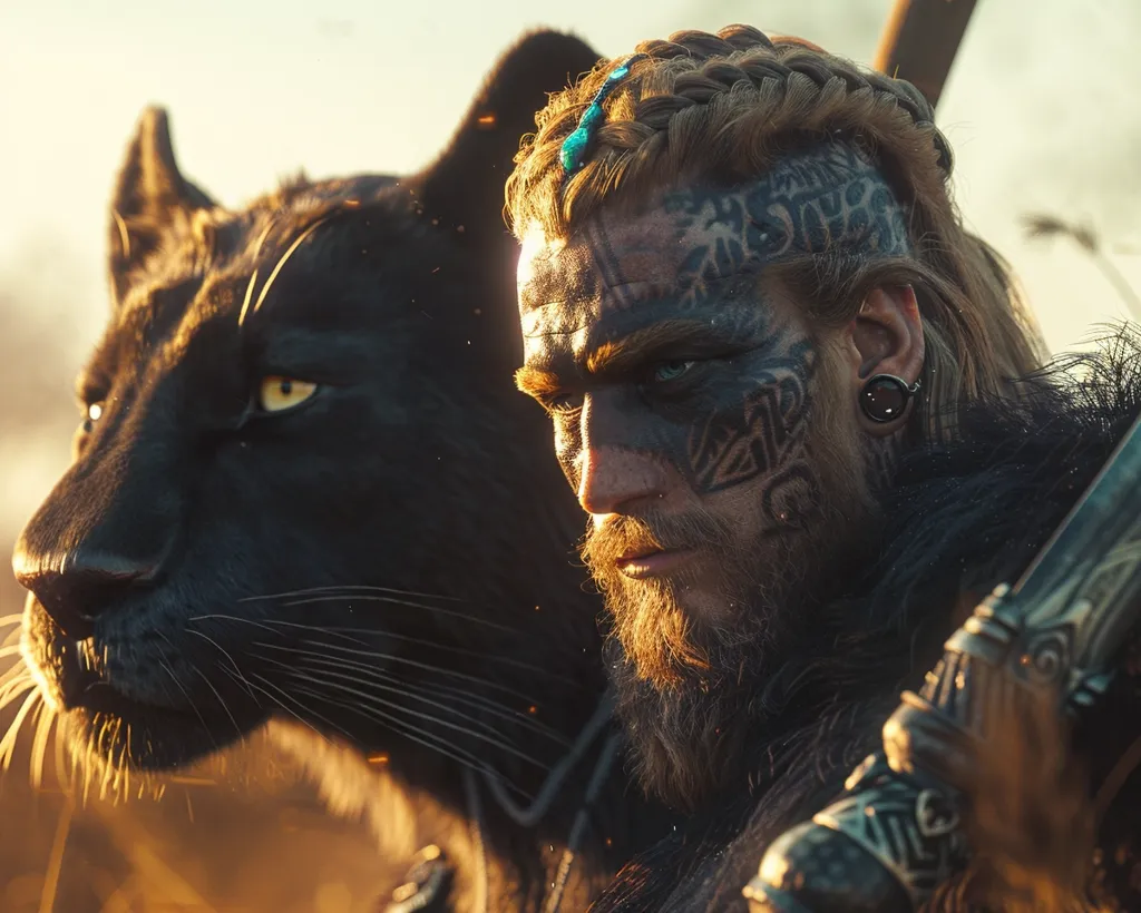 The image shows a fierce-looking warrior with a long, braided beard and a heavily tattooed face. He has a large, black panther beside him, and he is holding a large, ornate weapon. The warrior's face is covered in intricate tattoos, and his eyes are piercing. The panther is staring intently ahead, and its sharp teeth are visible. The image evokes a sense of power and danger. The lighting is warm and inviting, but the overall mood is dark and intense. The warrior appears to be a formidable opponent, and the panther is a loyal companion.