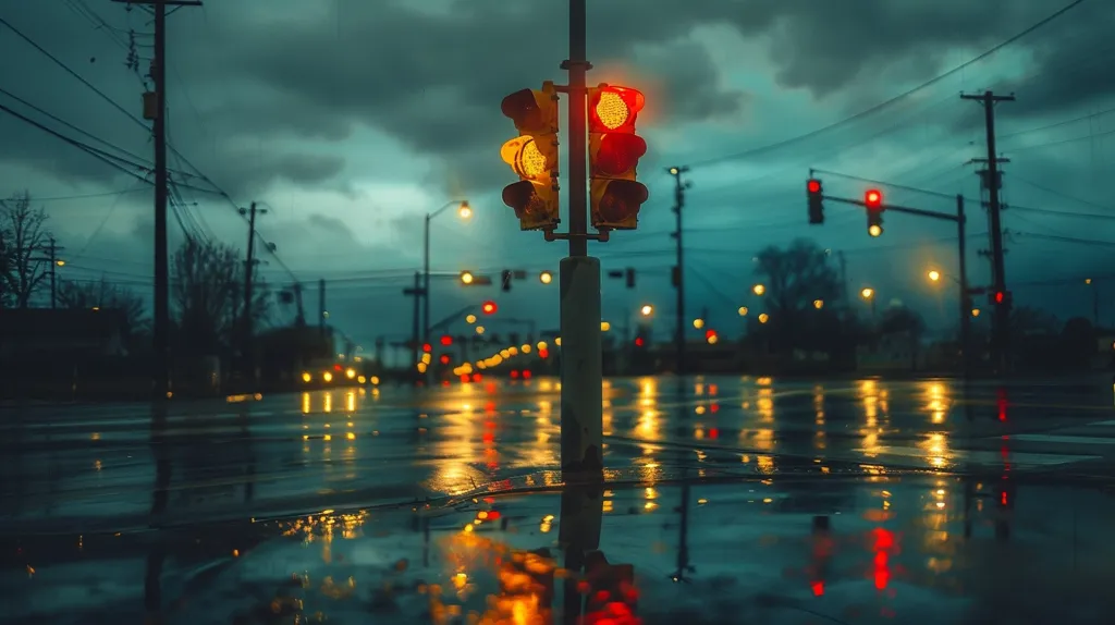 A traffic light stands tall at a deserted intersection on a rainy night. The street is illuminated by the faint glow of streetlights and car headlights. The reflection of the lights on the wet asphalt creates a mesmerizing spectacle.  The dark and gloomy sky, punctuated by the twinkling lights, adds to the melancholic atmosphere.