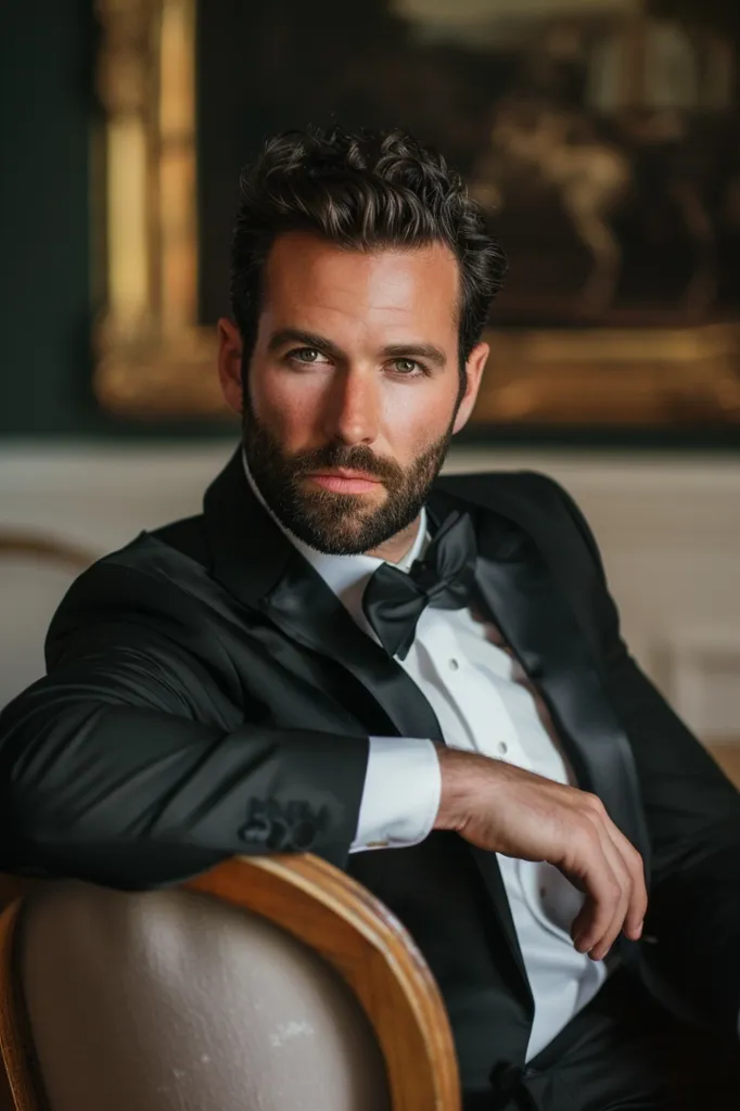 A man in a black tuxedo sits in a chair. He is wearing a white dress shirt and a black bowtie. He has a dark beard and mustache. His expression is serious and he is looking directly at the camera. The background is blurred and out of focus. He is posed in a classic, elegant style.  The image has a sense of sophistication and masculinity.