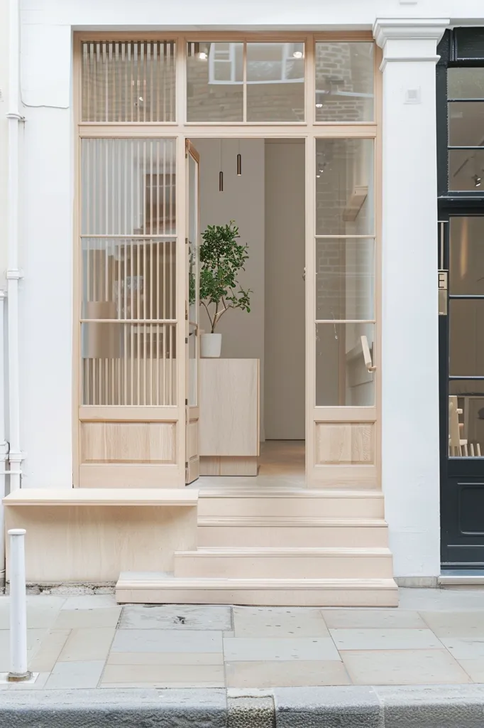 The image shows the entrance to a store with a minimalist design.  The wooden door is flanked by two large windows with wooden frames. The door leads to a small, white-walled interior space with a potted plant. The store front is clean and modern with a light color palette. The door is open, inviting customers inside. There are three steps leading up to the door. The image is focused on the storefront and emphasizes the simple, yet elegant design.