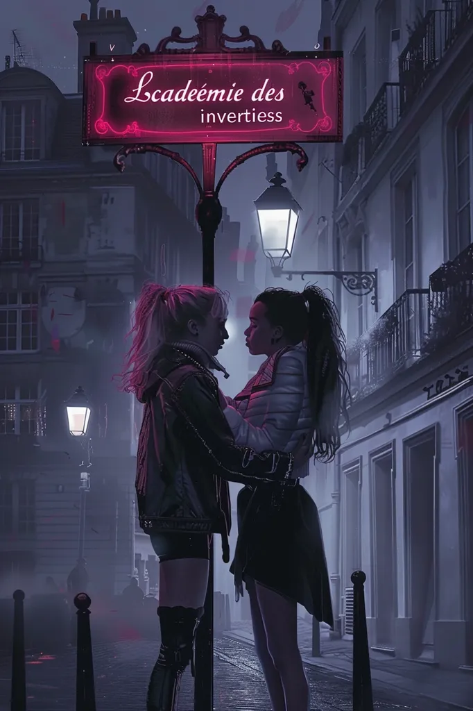 Two young women stand close together in a Parisian alleyway, illuminated by streetlights and neon signs. The sign above them reads "L'académie des invertiess," suggesting a school or institution for those who are different. The women's expressions are soft and intimate, suggesting a close relationship. The atmosphere is both romantic and mysterious.