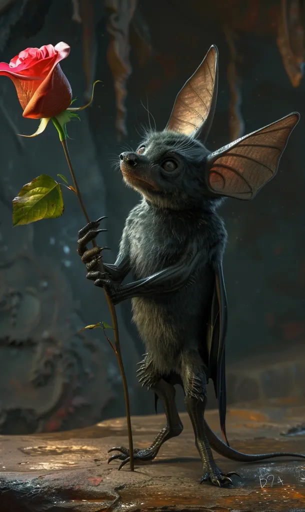 A small, furry, bat-like creature with large ears and clawed feet stands on a rocky surface, holding a red rose with a green stem and leaves. The creature's fur is black and its eyes are large and wide, giving it a curious and innocent expression. The background is a dark, blurry blur, suggesting a shadowy forest or cave. The image evokes a sense of mystery and wonder.