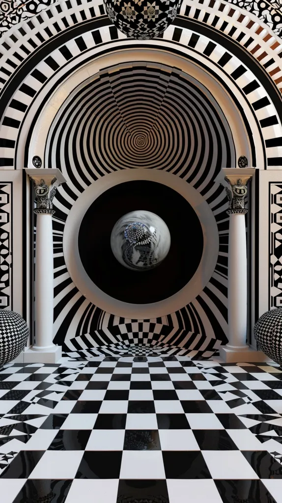 A black and white checkered floor leads into a hallway with white pillars, a black and white checkered ceiling, and a black and white spiraling pattern on the walls. The hall leads to a black circle with a white 3D sphere at its center. The checkered pattern evokes a sense of endlessness and the illusion of a vortex.