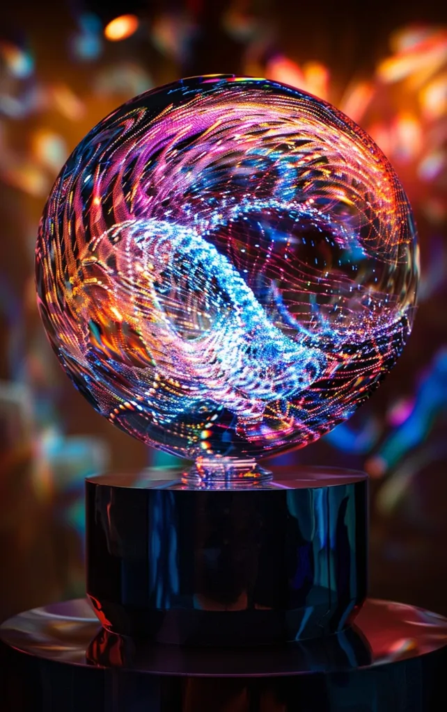 A spherical lamp, with a black base, glows with swirling patterns of vibrant colors, including pink, blue, yellow, and orange.  The light emanates from within the sphere, creating a mesmerizing display of intricate lines and shapes. The background is blurred, showcasing a bokeh effect.  The lamp is positioned on a dark, glossy platform, reflecting the colorful light and adding to the overall vibrant atmosphere.