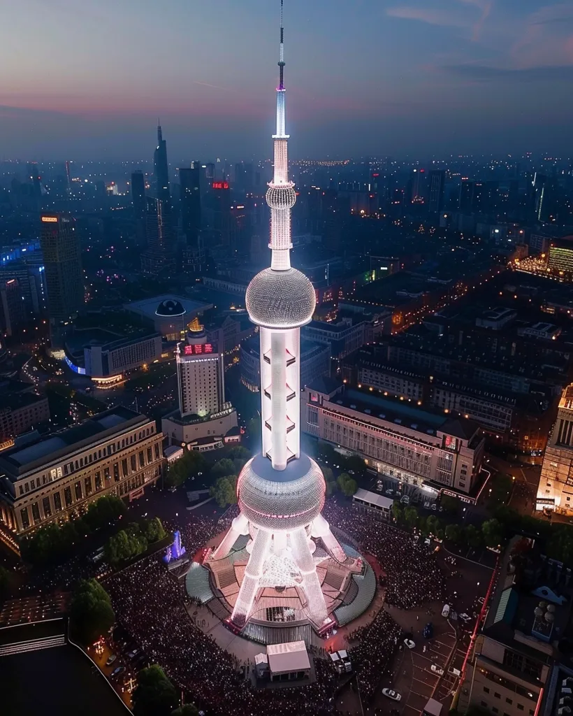 An aerial view of a tall, white, illuminated tower in the center of a city at night. The tower is surrounded by a crowd of people and the city lights twinkle in the distance. The sky is a soft blue with hints of pink and purple. The image captures the beauty of a city skyline at night.