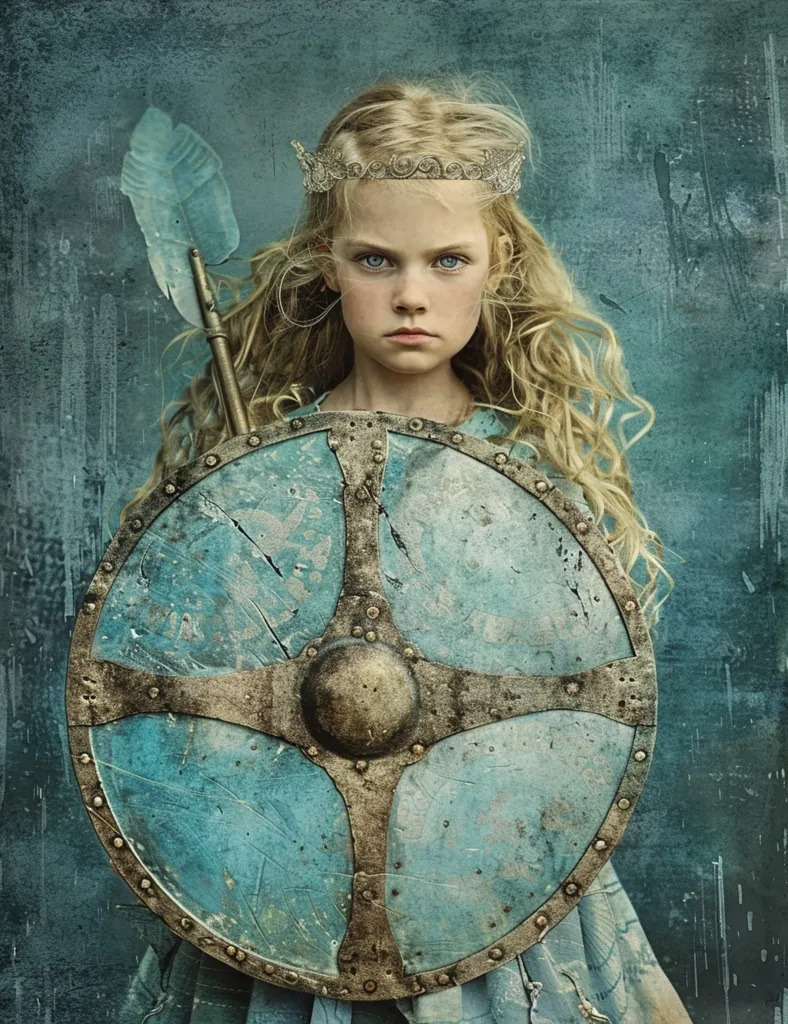 A young girl with long, blonde hair wears a crown and holds a large, circular shield in front of her. The shield is made of wood and metal and has a blue and green patina. The girl has a serious expression and stares directly at the viewer. The background is a faded, textured blue.
