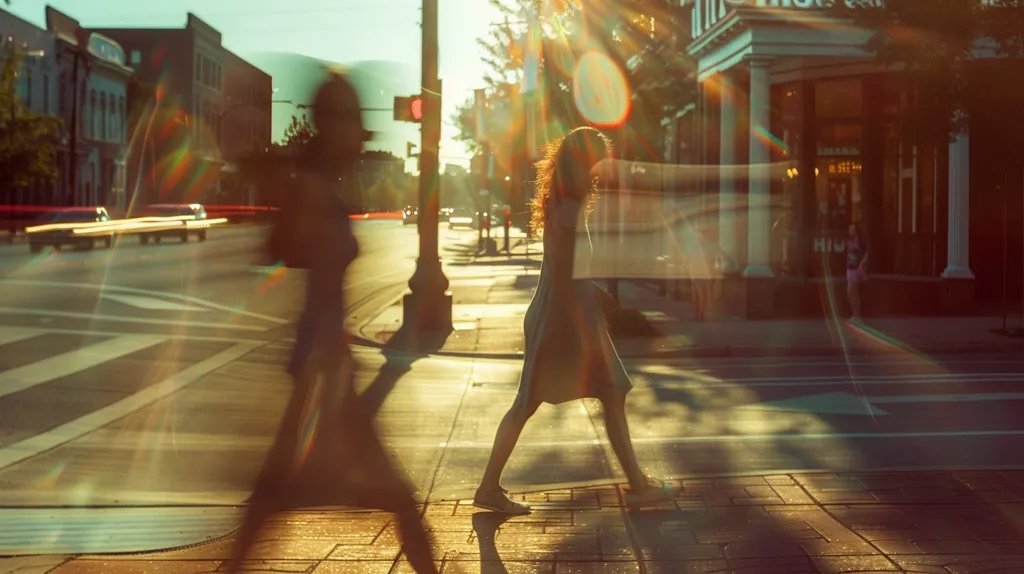 A woman walks across a crosswalk in a city street. The sun shines brightly, casting a warm glow and creating lens flares. The street is lined with buildings and a traffic light, and a blurred figure can be seen walking in the background. The scene is captured in a warm, nostalgic tone.