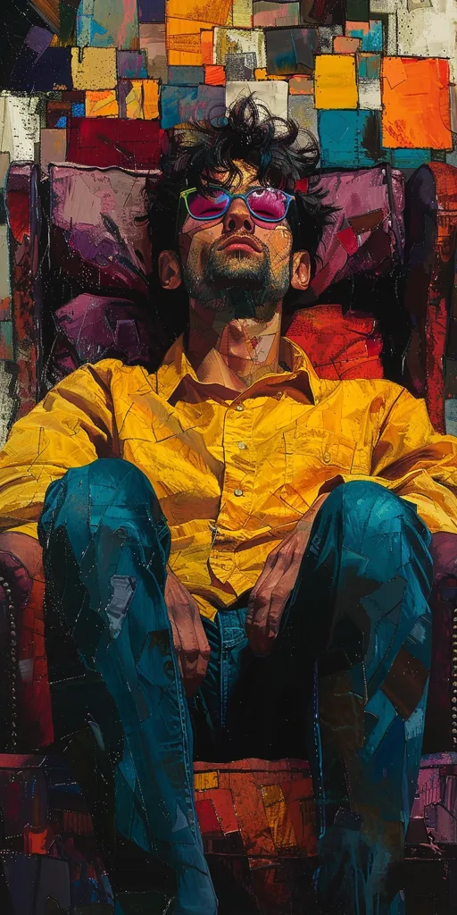 A man wearing a yellow shirt and blue jeans is sitting in a chair. He is wearing sunglasses and has his eyes closed, suggesting he is sleeping or relaxing. The background is a colorful abstract design, possibly made from different colored fabrics or paper. The image has a textured, almost collaged feel, emphasizing the man's peaceful repose within a vibrant environment.