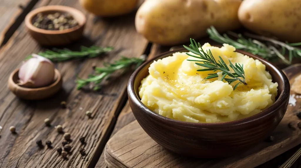 A bowl of creamy mashed potatoes sits on a rustic wooden table. A sprig of rosemary peeks out from the top, adding a touch of freshness.  Surrounding the bowl are whole potatoes, a clove of garlic, and a bowl of peppercorns, suggesting a simple, wholesome meal. The scene is warm and inviting, highlighting the comfort and simplicity of home-cooked food.