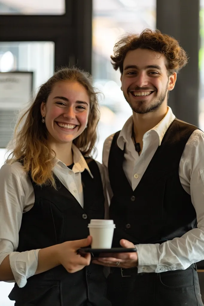 A man and a woman, both wearing black vests and white shirts, stand together. The woman is holding a coffee cup and a tablet. They both have bright smiles on their faces. The image is likely taken in a cafe setting, and captures a friendly interaction between two colleagues.