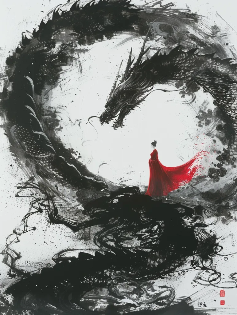 The image depicts a black dragon in a curled, powerful pose, with its head turned towards a small figure of a woman in a red dress, who stands calmly in front of the dragon. The painting is in a minimalist style, with splashes of black ink against a white background, creating a dramatic contrast between the fierce dragon and the delicate woman. The composition suggests a sense of tension and mystery, perhaps representing the relationship between humans and nature, or the confrontation of fear and strength.