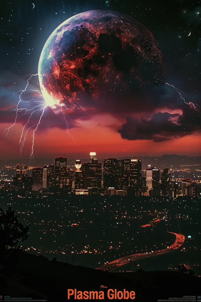 The image depicts a city skyline at night, with a giant, glowing red planet in the sky. Lightning strikes illuminate the clouds, casting an eerie glow over the cityscape. The planet appears to be close to the Earth, almost as if it's about to collide. The overall aesthetic is dark and dramatic, suggesting a sense of impending doom. The title "Plasma Globe" adds to the mysterious and futuristic feel of the image.