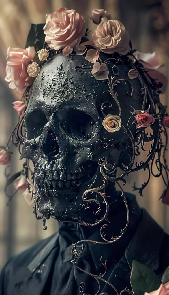 A black skull is adorned with delicate, intricate floral designs. It is wearing a dark suit and a collar of twisted vines. The skull is surrounded by several pink roses and other flowers, creating a contrast between life and death.  The image evokes a sense of mystery and beauty.