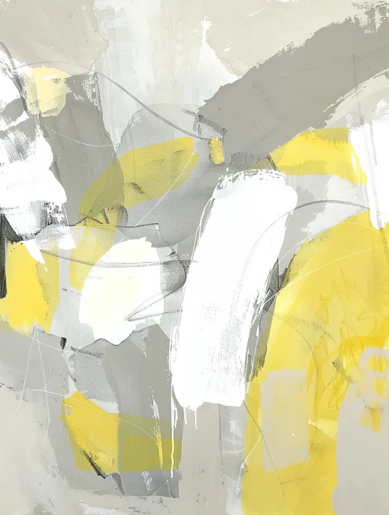 The abstract painting features a blend of white, yellow, and gray, creating a sense of movement and depth.  Large, bold strokes of color intermingle, creating a dynamic composition.  The overall effect is both energetic and serene, evoking a feeling of light and airy space.