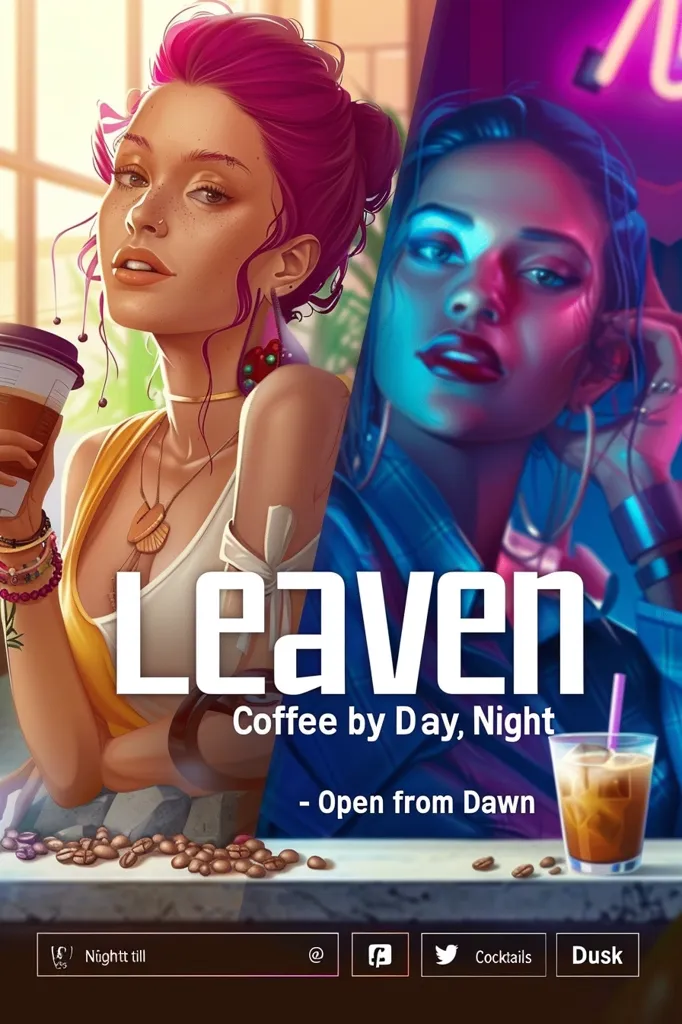 The image is an advertisement for a coffee shop called "Leaven." It features two women, one in a bright and colorful style with pink hair, and the other in a dark and edgy style with blue lighting. The ad emphasizes their "Coffee by Day, Night - Open from Dawn" with a cup of coffee in the foreground and coffee beans scattered on a wooden table. The design is stylized and playful, inviting customers to visit the shop for their coffee needs.