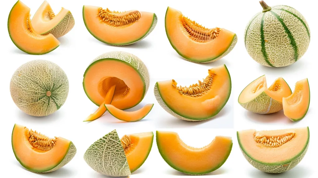 The image shows a variety of cantaloupe melons, some whole, some sliced and some in wedges. They are arranged on a white background and showcase the melons' green rinds and orange flesh. Some are cut to reveal the seeds within.