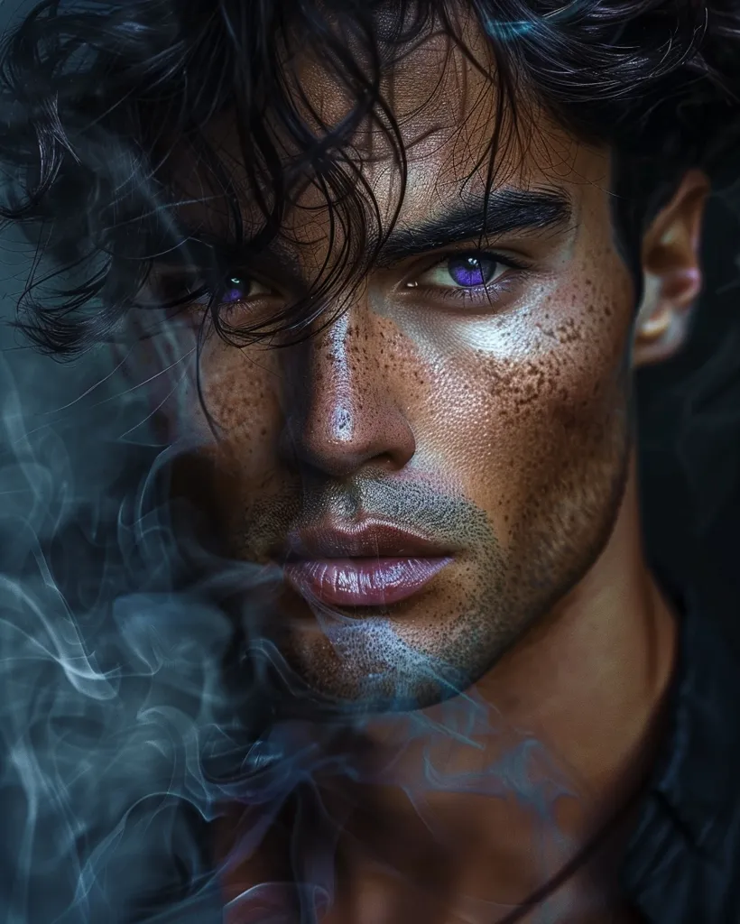 The image features a close-up of a man's face, partially obscured by wisps of blue smoke. He has dark, tousled hair and piercing purple eyes that gaze intensely at the viewer. His face is adorned with freckles and a hint of stubble, suggesting a rugged and alluring charm. The smoke adds an air of mystery and intrigue to the image.