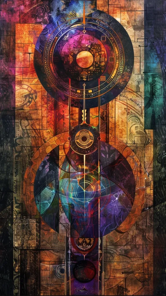 The image is an abstract, digital artwork featuring a series of overlapping circles and geometric shapes, all set against a backdrop of textured, aged-looking patterns and textures. The colors are rich and saturated, using deep reds, oranges, blues, and purples. The central vertical element is a slender, elongated shape that is divided into sections. The artwork appears to be inspired by the idea of a complex, interconnected system or machine.