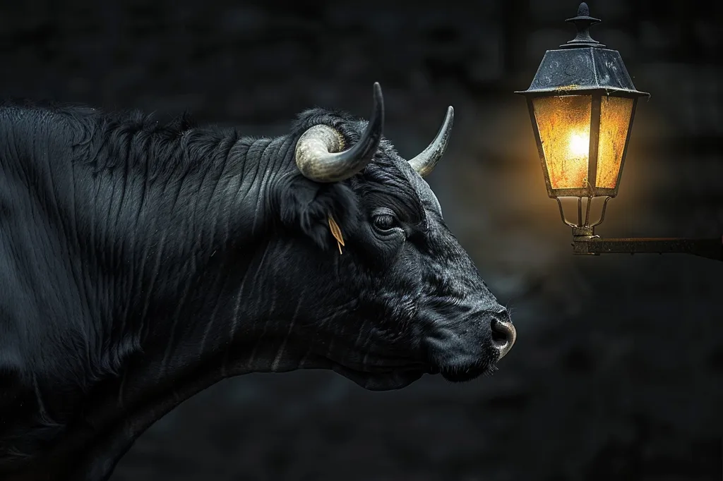 A large black bull stands in profile, its head turned towards a glowing street lamp. The bull's dark coat is illuminated by the lamp's warm light, casting long shadows on its face. The backdrop is a dark, textured wall, providing a stark contrast to the bull and the lamp. The image evokes a sense of mystery and intrigue, with the bull's gaze seemingly fixed on the light source.