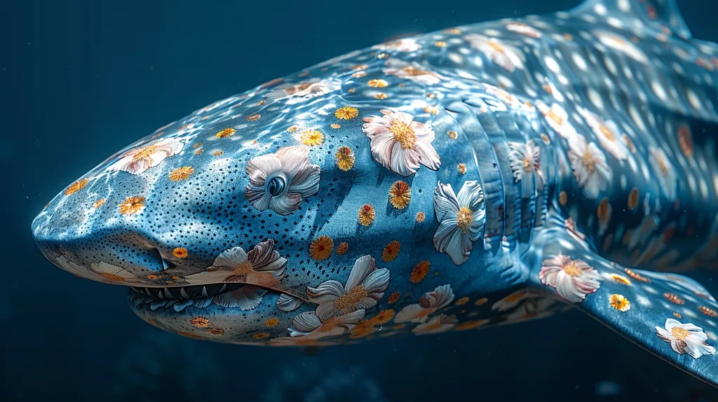 A shark with a unique pattern swims through the ocean. Its blue skin is covered in white and yellow flowers, creating a beautiful and unexpected contrast. The shark's open mouth reveals sharp teeth, hinting at its predatory nature. The image suggests a world where beauty and danger coexist.