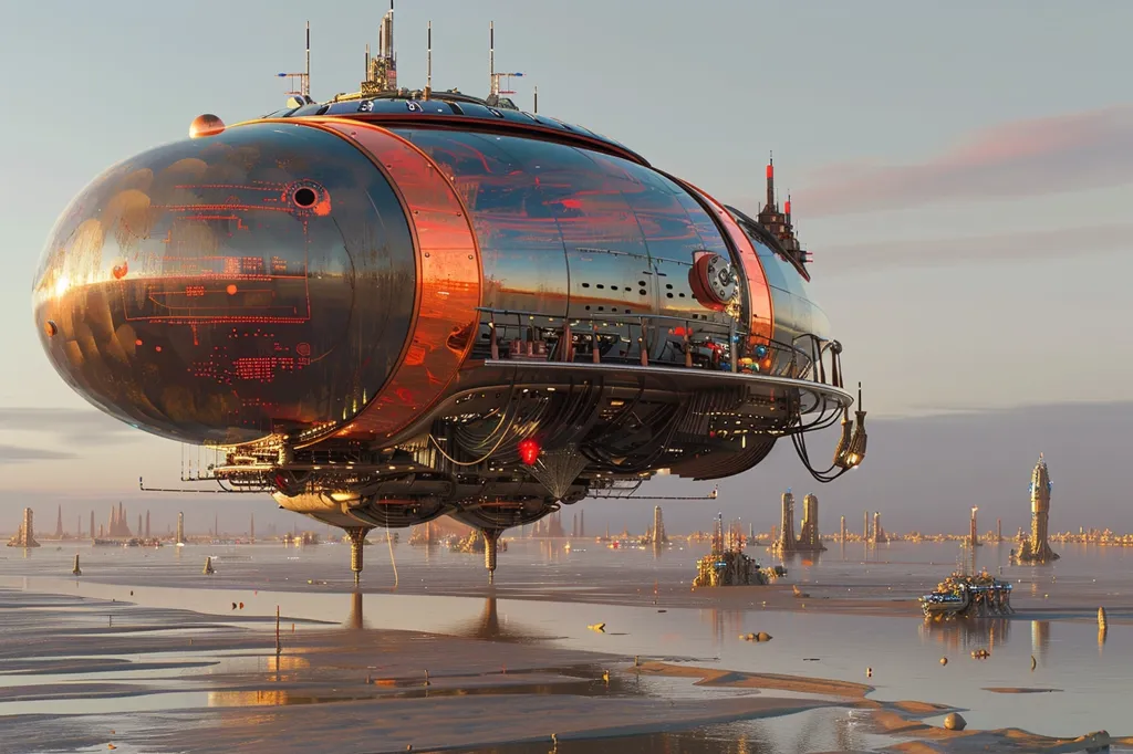 A futuristic airship, resembling a blimp, hovers over a city of tall, slender buildings. The airship is made of metal with red and orange accents, and it has intricate machinery visible on its underside. The city is spread across a vast, flat landscape, with water in the foreground and more buildings in the distance. The image creates a sense of wonder and possibility, showcasing a technologically advanced world.
