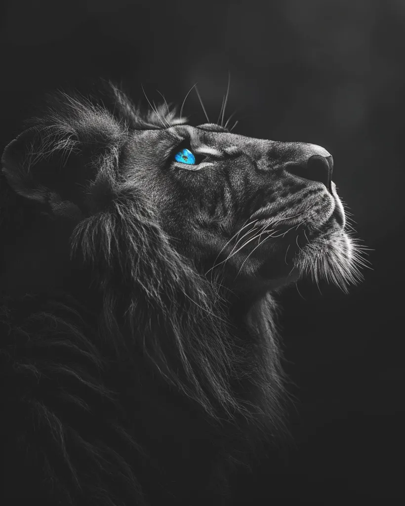 The image shows a close-up of a lion's face, its head tilted up and its gaze directed upwards.  The lion has a thick mane of dark fur, and its piercing blue eye stands out against the black and white background. The image is in black and white except for the blue eye, which creates a dramatic and powerful effect. The lion's expression is one of strength and determination, suggesting a sense of royalty and authority.