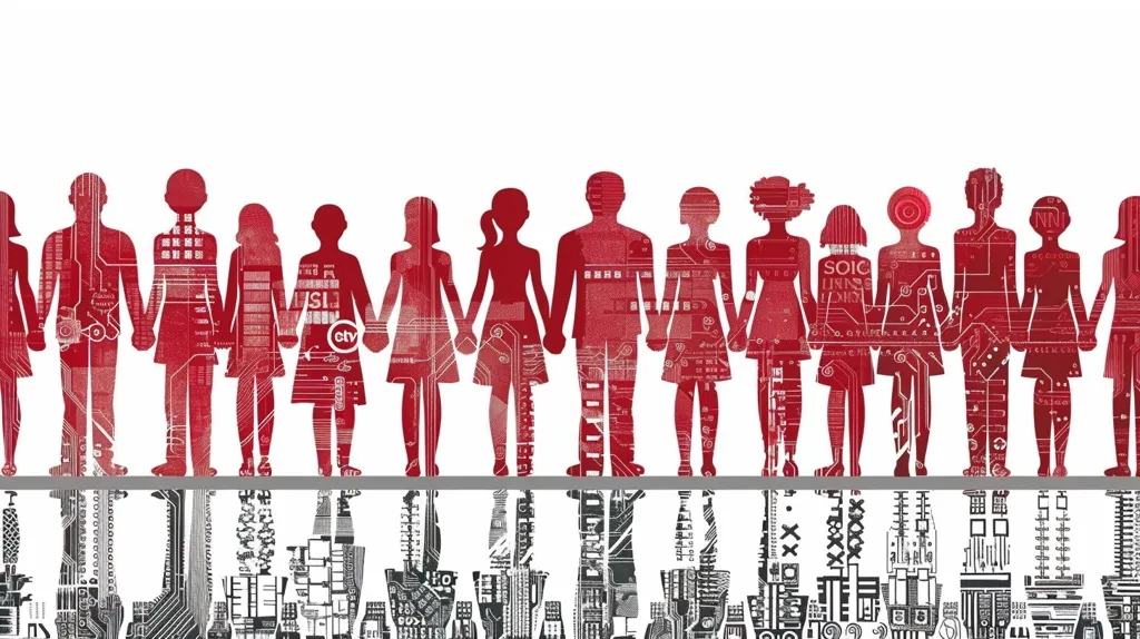 The image depicts a line of red human figures, each made up of intricate circuit boards and digital patterns. They stand hand-in-hand, their silhouettes reflecting a sense of unity and connection. The figures are reflected below, where a complex and abstract cityscape of circuit boards and technological elements emerges. The image suggests a fusion of human beings and technology, highlighting the interconnectedness of our physical and digital lives.