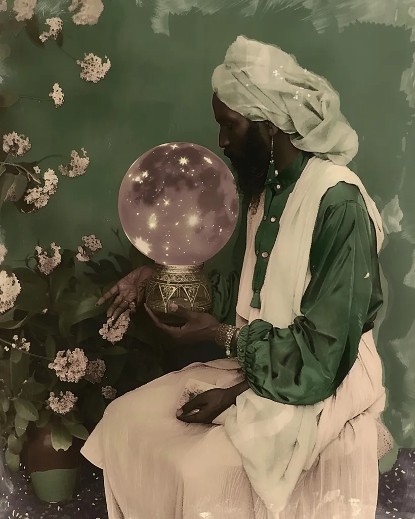 A man wearing a white turban and green robes sits in front of a crystal ball filled with stars. He gazes intently into the ball, his hand resting on its base. Behind him, a lush green background is adorned with delicate white flowers. The image evokes a sense of mystery and contemplation.