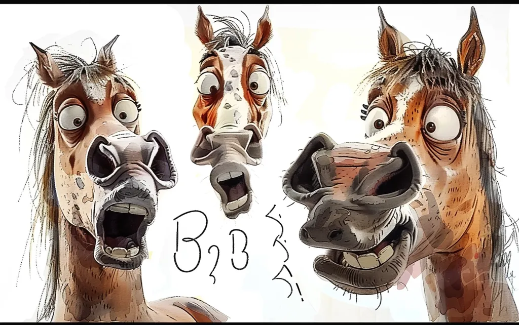 The image depicts three cartoon horses with exaggerated facial features and expressions. One horse is looking directly at the viewer with a shocked and wide-eyed expression, while the other two are looking away, one with a mouth wide open and the other with a slightly mischievous smile. The horses are drawn in a stylized and humorous manner, creating a playful and engaging image.