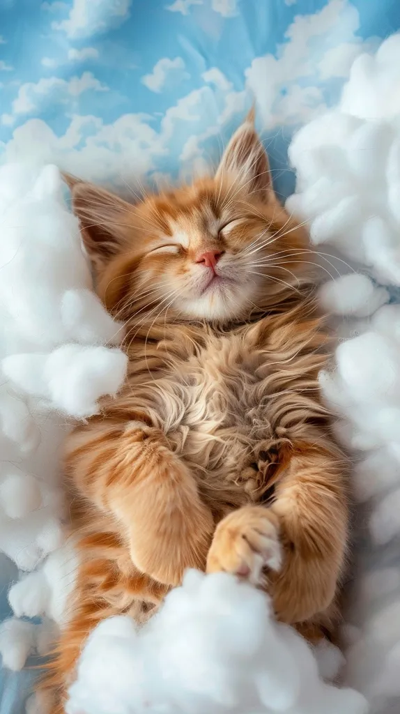 A fluffy orange tabby cat sleeps peacefully on a bed of white cotton balls. Its eyes are closed, and its paws are tucked beneath its chin. The cat's soft fur and relaxed posture create a sense of tranquility. The white cotton balls surrounding the cat resemble fluffy clouds, creating a whimsical and dreamy atmosphere.