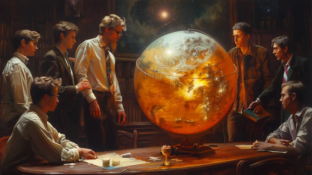 A group of young men stand around a large, glowing globe. The globe is lit from within, showing a map of the Earth with sparkling city lights. The men are dressed in formal attire, and they appear to be studying the globe intently. The painting evokes a sense of wonder and discovery, as if the men are contemplating the vastness of the world around them.