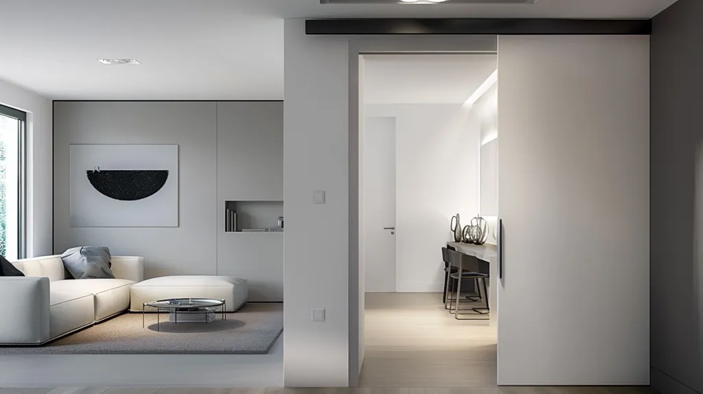 The image shows a modern, minimalist living room with a white sectional sofa and a glass coffee table. A black and white abstract artwork hangs on the wall. The room is connected to another room through a sliding door, which leads to a dining area with wooden chairs and a table. The walls are painted in a light grey color, and the flooring is a light wood. The overall design is clean, simple, and sophisticated.