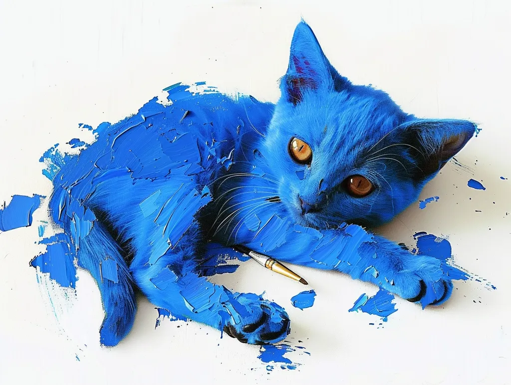 A blue cat, painted in thick, textured strokes, lies on a white background. Its fur is a vibrant, almost electric blue, with hints of black. The cat's eyes are bright and alert, with golden pupils. A paintbrush lies nearby, suggesting the cat has been playing with the paint. The overall effect is whimsical and playful, capturing the cat's playful spirit.