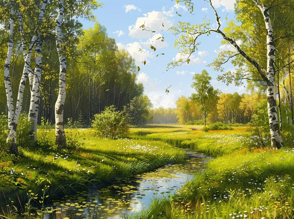 The image depicts a serene forest landscape. A winding stream flows through a lush meadow, surrounded by tall birch trees with white bark. The sun shines brightly, casting long shadows on the grass. The air is filled with a sense of tranquility and peace. Leaves fall from the trees, adding a touch of autumn to the scene. The vibrant green foliage and blue water create a picturesque and inviting setting.