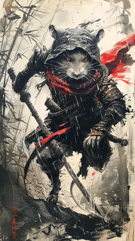 A rat warrior, clad in black and red, brandishes a sword. His fierce expression is visible beneath his hood, his red eyes glinting. He stands amidst a backdrop of stylized bamboo and swirling black ink, suggesting a misty forest setting. The warrior's pose conveys power and determination, hinting at a fierce battle. The image evokes a sense of mythical strength and a warrior's spirit.