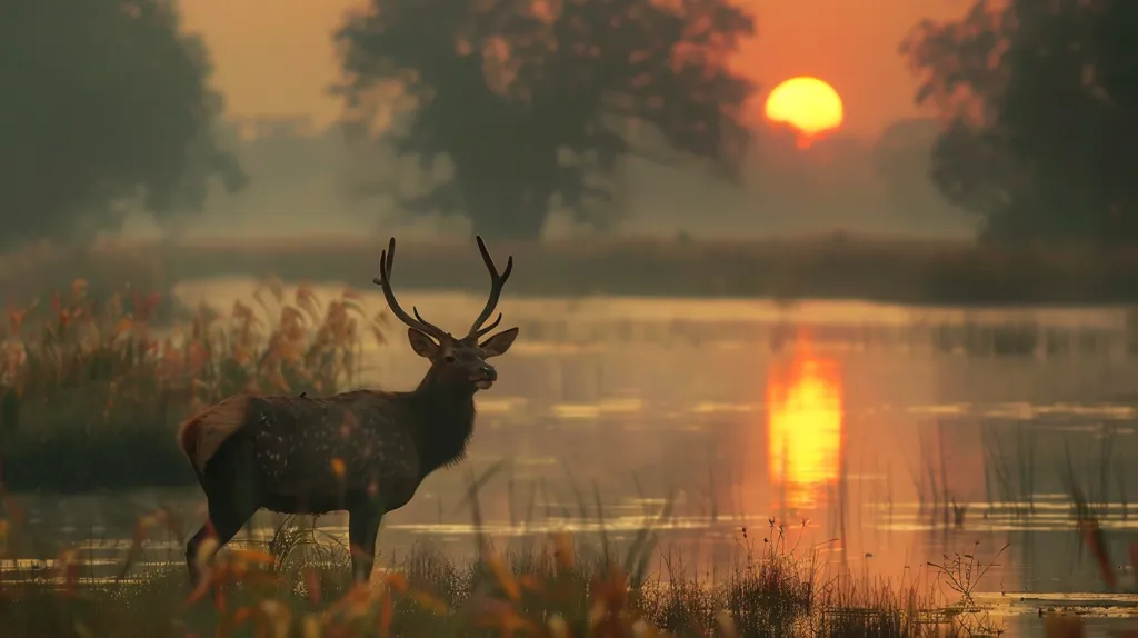 A lone deer stands by a still lake, silhouetted against a stunning sunrise. The setting sun casts a warm glow on the water, illuminating the deer's antlers and the surrounding reeds. A large tree stands in the background, providing a sense of scale and framing the scene. The overall atmosphere is serene and tranquil.