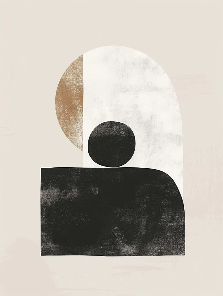 The image is an abstract minimalist design with geometric shapes. It features a large, semi-circular shape with a brown section, a black circle, and a black rectangle. The shapes are placed against a light beige background with a textured, distressed look. The overall composition creates a sense of balance and simplicity.  The image is designed in muted colors and has a modern and contemporary feel.