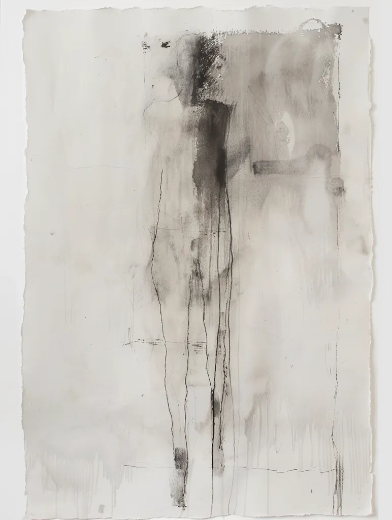 The artwork is a minimalist abstract painting featuring a figure rendered in shades of grey and black on a white background. The figure's form is simplified and suggestive, with long, flowing lines representing the body. The artist has utilized a light touch, creating a sense of etherealness and movement. The background is characterized by subtle washes of grey and black, adding depth and dimension to the piece. Overall, the painting evokes a sense of quiet contemplation and introspection.