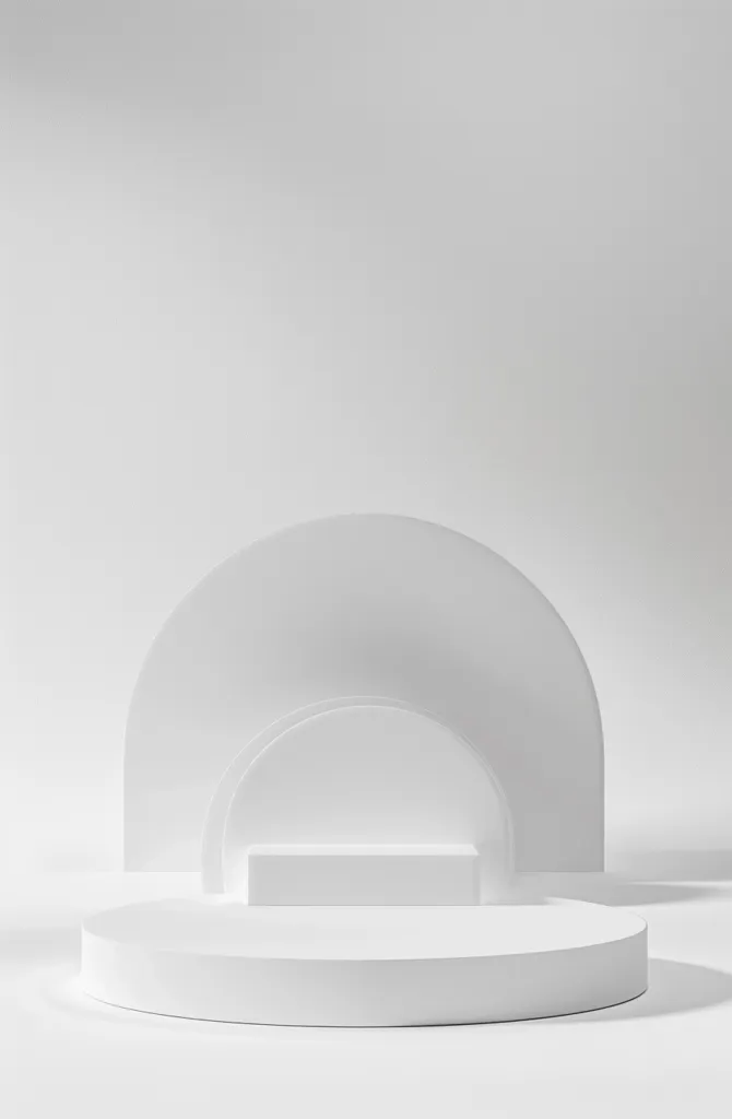 A minimalist, white product display with three geometric shapes.  The largest is a semi-circle, followed by a smaller one, and a rectangular base. The platform is on a plain white background.  The abstract shapes create a modern and clean aesthetic.