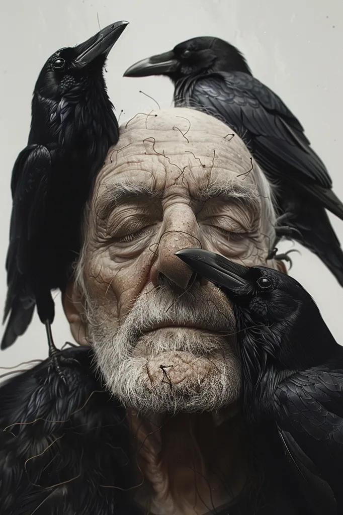 Three crows, their black feathers contrasting starkly against the pale skin of an old man, are perched on and around his face. The crows' eyes seem to stare directly at the viewer, creating a sense of foreboding. The man's face, weathered with age and time, is a canvas of wrinkles and lines, creating a sense of  melancholy and passing time. The image feels both surreal and ominous, with the crows acting as symbols of death and mystery.