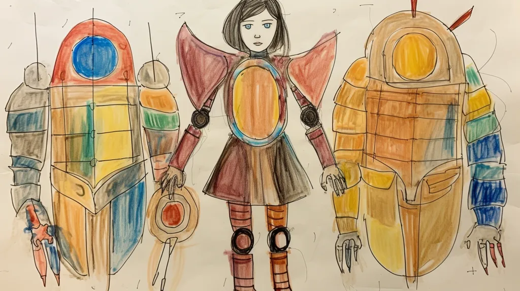 The drawing shows three characters, a female and two robots. The female is dressed in a red and orange outfit with a skirt and leggings, and has long black hair. The robots are both humanoid, one with a yellow and green color scheme, the other with a brown and blue color scheme. Each character appears to have an elaborate set of armor, with different details on each one. The drawing appears to be a design concept for a game or animated film.