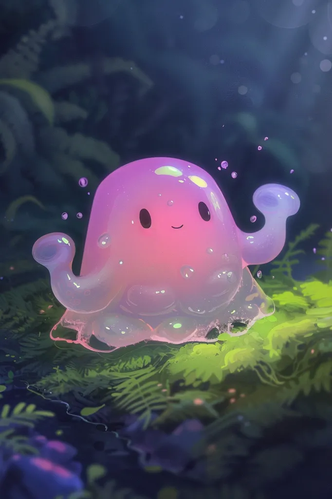 A pink, translucent creature with a friendly face sits on a bed of green ferns. It has a rounded, blob-like body with two small arms and a larger arm extending to the right. The creature is surrounded by a faint, ethereal glow, making it appear magical and whimsical. The background is a dark, blurry forest, adding to the mystery of the creature and its surroundings.  The overall image evokes a sense of wonder and enchantment.