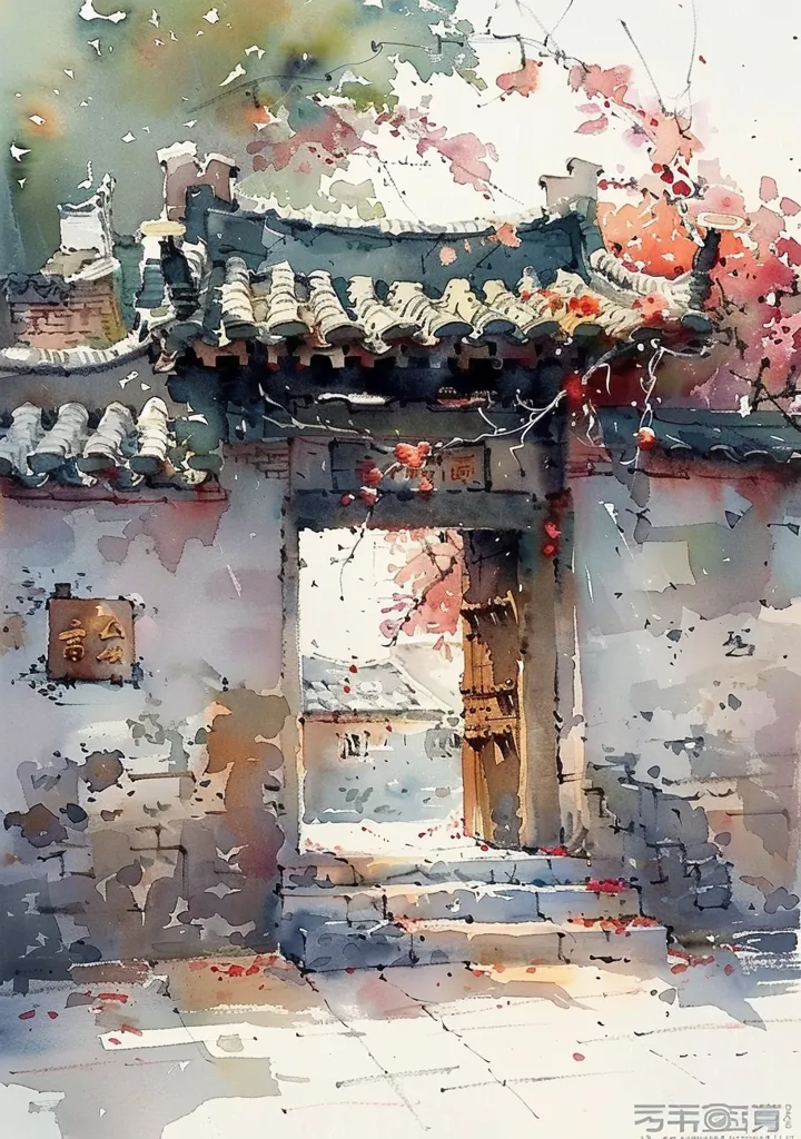 A watercolor painting depicts a traditional Chinese gateway with a weathered stone facade. The gateway leads to a courtyard with a tiled roof and is adorned with blooming red flowers. The image is painted in soft, muted tones with a focus on detail and texture.  The scene evokes a sense of tranquility and history.