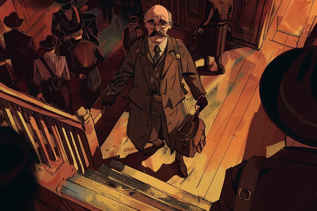 A man with a mustache and glasses stands on the stairs, wearing a long coat and carrying a briefcase. He looks directly at the viewer with a serious expression. Other men, also wearing coats and hats, stand behind him on the stairs and in the background.  The scene is lit in warm tones with shadows cast from the stairwell. The image has a vintage, almost comic book-like style.