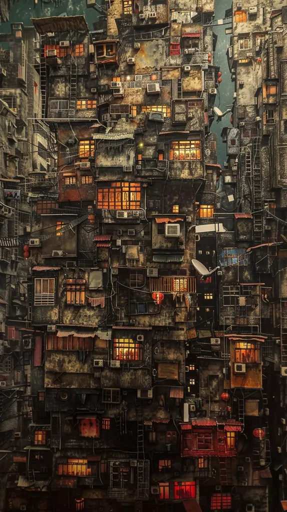 The image depicts a densely packed urban cityscape, showcasing a towering structure of interconnected buildings. The building's exterior is characterized by a mix of weathered brick and concrete, adorned with numerous windows and balconies.  The scene appears to be captured at dusk, with warm, inviting light emanating from the windows, creating a sense of both vibrancy and intimacy within the cramped living spaces.  The image evokes a feeling of density, complexity, and perhaps, a hint of mystery.