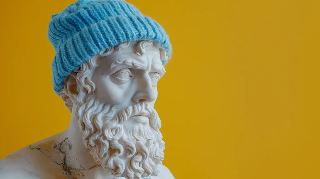 A white marble bust of a man with a long beard, wearing a blue knitted beanie, is set against a vibrant yellow background. The bust's serious expression and the unexpected fashion choice create a humorous juxtaposition, blurring the lines between ancient and modern. The image is a playful commentary on the enduring nature of art and its ability to transcend time.