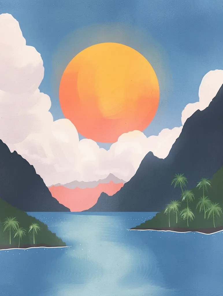 The image depicts a serene landscape with a large, orange-tinged sun setting behind a range of mountains. Fluffy white clouds drift across a pale blue sky. A body of water, calm and blue, stretches out in the foreground, fringed with palm trees. The scene evokes a sense of peace and tranquility.